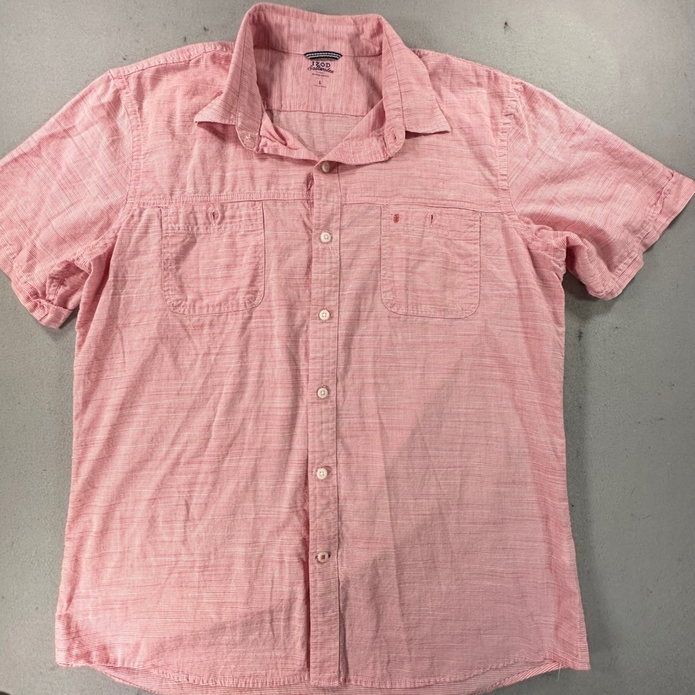 Izod Saltwater Relaxed Classics Mens Large Pink Striped Cotton Button Down Shirt